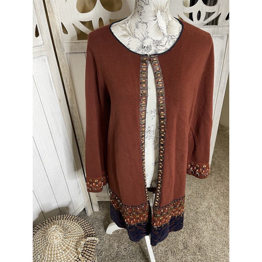 Chico's Women's Long Sleeve Burnt Orange Beaded Open Front Sweater Sz Large (2)
